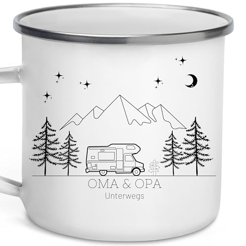 Little Mathilda Emaille Tasse Camping personalisierte Campingtasse mit Namen Kaffeetasse Zubehör Wohnmobil Wohnwagen Van Geschirr Edelstahl Becher Campingküche Geschenk für Camper von Little Mathilda