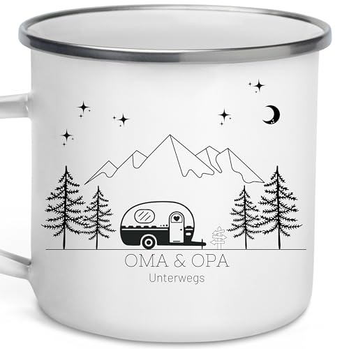 Little Mathilda Emaille Tasse Camping personalisierte Campingtasse mit Namen Kaffeetasse Zubehör Wohnmobil Wohnwagen Van Geschirr Edelstahl Becher Campingküche Geschenk für Camper von Little Mathilda