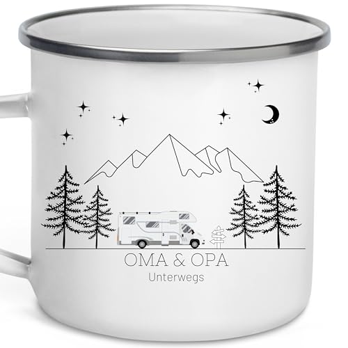 Little Mathilda Emaille Tasse Camping personalisierte Campingtasse mit Namen Kaffeetasse Zubehör Wohnmobil Wohnwagen Van Geschirr Edelstahl Becher Campingküche Geschenk für Camper von Little Mathilda