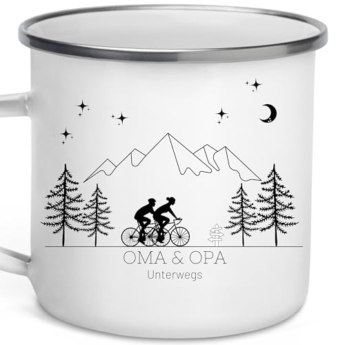 Little Mathilda Emaille Tasse Camping personalisierte Fahrradtasse mit Namen Kaffeetasse Zubehör Wohnmobil Wohnwagen Van Geschirr Edelstahl Becher Campingküche Geschenk für Camper von Little Mathilda