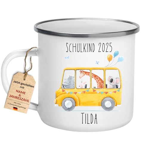Little Mathilda Personalisierte Tasse Schulkind 2025 mit Wunschnamen Emaille Becher Schulbus Einschulung Geschenk zur Einschulung Mädchen & Jungen 2025 Schulanfang (Emaille Tasse) von Little Mathilda