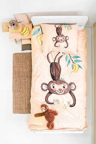 Little Monster Kinderbettwäsche - AFFE - 135cm x 200cm - 100% Weiche Baumwolle - Atmungsaktiv - Kinder Bettbezüge mit Reißverschluss - Kinder Bettwäsche Set mit 1 Kissenbezüge 80cm x 80cm von Little Monster