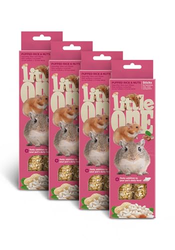Little One Sticks für Hamster, Ratten, Mäuse und Rennmäuse | 4er Pack | 4 x 110 g | Ergänzungsfuttermittel für Nagetiere | Mit gepufftem Reis und Nüssen | Abnahmbarer Clip von Little One