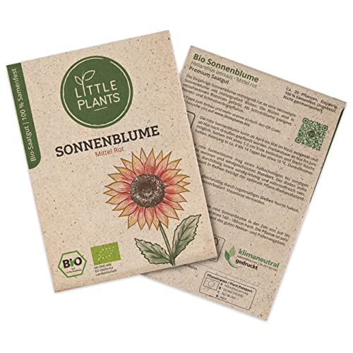 BIO Sonnenblumen Samen Mittel Rot, 20 Sonnenblumensamen, hohe Keimrate von Little Plants, Wunderschöne Blume für deinen Balkon und Garten, BIO Blumensamen Nachhaltig Verpackt von Little Plants