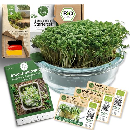 Little Plants Kresse Anzuchtschale Glas Set + 3 x Bio Sprossen Samen Kressesieb Kresse Schale Keimschale Kresseschale cress inkl. Ebook (Grün) von Little Plants