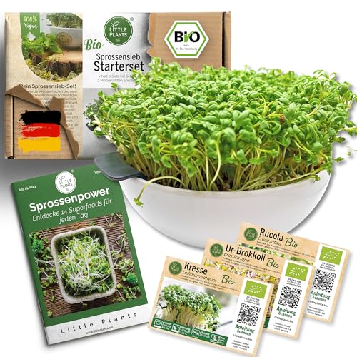 Little Plants Kresse Anzuchtschale Set + 3 x Bio Sprossen Samen Kressesieb Keimschale Kresseschale Porzellan inkl. EBook (Anthrazit) von Little Plants