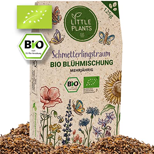 Little Plants Schmetterlingsweide - 125g Bio Samen - Blumenwiese Samen mehrjährig winterhart - Enthält 32 Sorten Wildblumensamen und Kräutersamen - Bienenwiese Saatgut - Nachhaltig verpackt von Little Plants