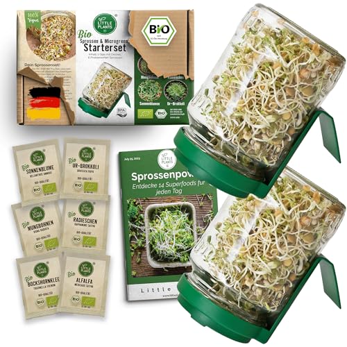 Little Plants Sprossenglas Set [2er Set] + 6 x Bio Sprossen Samen inkl. Sprossen Ebook Keimglas (Grün) von Little Plants