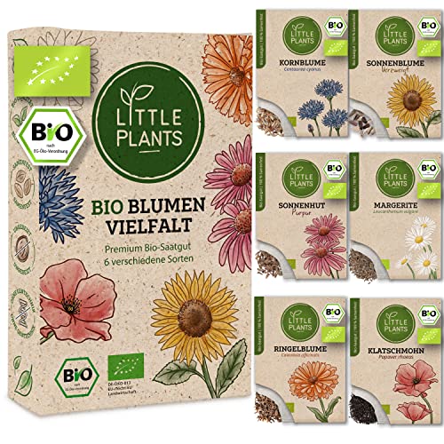 Nachhaltiges BIO Blumensamen Set - 6 Sorten BIO Blumen Samen, 100% Natürlich, extra viele Samen - BIO Saatgut für Blumenwiese und mehr - Pflanzensamen Set, Nachhaltig Verpackt von Little Plants