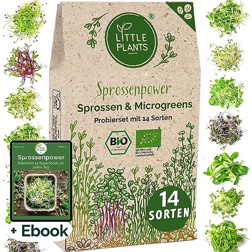 Sprossen Samen Microgreens Starter Set BIO - 14 Sorten BIO Sprossen zum selber züchten Microgreens Samen und Keimsprossen Keimsaat - Probierset für Sprossenglas & Kressesieb (inkl. Ebook) von Little Plants