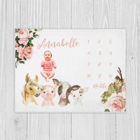 Bauernhof Meilenstein Decke, Mädchen Baby-Dusche-Geschenk, Tiere Personalisierte Baby-Mädchen-Decke, Baby Monat Decke von LittleDarlingsUS