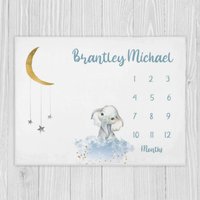 Elefant Meilenstein Decke, Baby Jungen Decke, Shower Geschenk, Mond Und Sterne Personalisierte Decke von LittleDarlingsUS