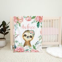 Floral Faultier Baby Decke, Kinderzimmer, Personalisierte Name Krippe Bettwäsche Mädchen Decke Safari von LittleDarlingsUS