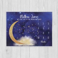 Mond Meilenstein Decke, Personalisierte Baby Zum Und Zurück Shower Geschenk Sterne Decke von LittleDarlingsUS