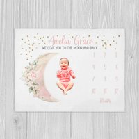 Mond Meilenstein Decke Mädchen, To The Moon & Back Baby Decke, Neue Mama Shower Geschenk, Personalisierte Sterne Monat von LittleDarlingsUS