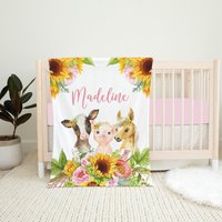 Personalisierte Baby Decke, Mädchen Decke, Sonnenblume Bauernhof Babybett, Shower Geschenk, Tier Kinderzimmer, Kuh Decke von LittleDarlingsUS