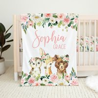 Personalisierte Baby Decke, Mädchen Shower Geschenk, Waldbettwäsche, Bettwäsche, Rosa Geblümte Decke von LittleDarlingsUS