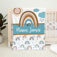 Personalisierte Baby Jungen Decke, Regenbogen Shower Geschenk, Bettdecke, Boho Blaue Bettwäsche von LittleDarlingsUS