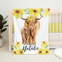 Personalisierte Baby Mädchen Decke, Highland Kuh Gelbe Blumen Shower Geschenk, Bett Bettwäsche, Bettwäsche von LittleDarlingsUS