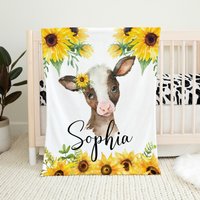 Personalisierte Baby Mädchen Decke, Kuh Shower Geschenk, Bettwäsche, Sonnenblume, Geblümte Bettdecke, Bauernhof Decke von LittleDarlingsUS