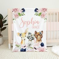 Personalisierte Babydecke, Baby Mädchen Decke, Dunkelblau Und Rosa Geblümt, Shower Geschenk, Holzbettwäsche, Kinderzimmer von LittleDarlingsUS