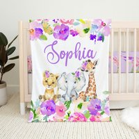 Personalisierte Babydecke, Baby Mädchen Decke, Safari Florale Kinderzimmer Shower Geschenk, Lila Bettwäsche von LittleDarlingsUS