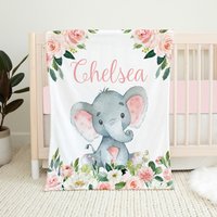 Personalisierte Elefant Babydecke, Baby Mädchen Decke, Rosa Blumen Bettwäsche, Shower Geschenk, Weihnachten Babygeschenk von LittleDarlingsUS