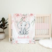 Personalisierte Elefanten-Decke, Benutzerdefinierte Baby-Mädchen-Decke, Rosa Blumen Elefanten-Baby-Decke, Elefanten-Krippe-Bettwäsche-Mädchen von LittleDarlingsUS