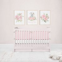 Personalisierte Elefanten Kinderzimmer Drucke, Rosa Blumen Kinderzimmer, Dekor, Baby Name Wandkunst, Mädchen Dekor von LittleDarlingsUS