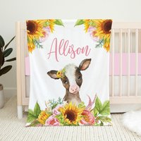 Personalisierte Kuh Babydecke, Blumen Baby-Mädchen Decke, Baby-Dusche-Geschenk, Krippe Bettwäsche, Sonnenblume Baby, Bauernhof Babydecke von LittleDarlingsUS