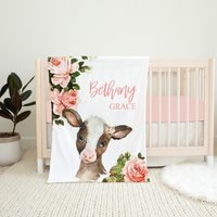 Personalisierte Kuh Babydecke, Florale Baby Mädchen Decke, Shower Geschenk, Babybett, Bauernhof Decke von LittleDarlingsUS