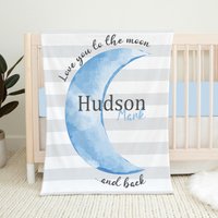 Personalisierte Mond Baby Decke, Love You To The Moon & Back Jungen Sterne Kinderzimmer, Shower Geschenk, Blauer Bett Bettwäsche von LittleDarlingsUS