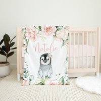 Personalisierte Pinguin Decke, Geblümte Babydecke, Baby Mädchen Benutzerdefinierte Namensdecke, Shower Geschenk, Kleinkind von LittleDarlingsUS