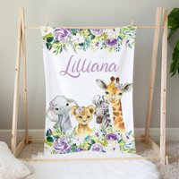 Personalisierte Safari Baby Decke, Lila Floral, Tiere Mädchen Shower Geschenk, Name Bett Bettwäsche von LittleDarlingsUS