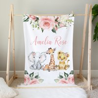 Personalisierte Safari Baby Decke, Tiere, Rosa Blumen Mädchen Shower Geschenk, Namensdecke, Bettwäsche, Elefant von LittleDarlingsUS