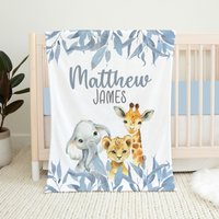 Personalisierte Safari Babydecke, Baby Junge Decke, Tier, Kinderzimmer, Geschenk, Shower Krippen Bettwäsche Blau von LittleDarlingsUS