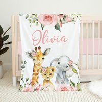 Personalisierte Safari Babydecke, Rosa Florale Baby Mädchen Decke, Shower Geschenk, Tiere Bettwäsche von LittleDarlingsUS