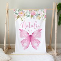 Personalisierte Schmetterlinge Decke, Baby Mädchen Namen Shower Geschenk, Schmetterling Bettwäsche Rosa Geblümt Decke von LittleDarlingsUS