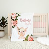 Personalisierte Schwein Babydecke, Geblümte Baby Mädchen Decke, Shower Geschenk, Namensdecke, Bauernhof Bett Bettwäsche von LittleDarlingsUS