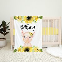 Personalisierte Schwein Babydecke, Sonnenblume Baby Mädchen Decke, Shower Geschenk, Geblümt, Bauernhof von LittleDarlingsUS