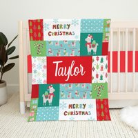 Personalisierte Weihnachtsdecke, Weihnachtsgeschenk, Gender Neutrale Babydecke, Weihnachtsbettwäsche, Baby Namensdecke, Lama Decke von LittleDarlingsUS