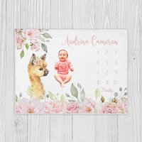 Rosa Floral Lama Meilenstein Decke, Baby-Mädchen-Meilenstein, Baby-Dusche-Geschenk, Lama-Baby-Decke Personalisierte Babydecke, Baby-Monat-Decke von LittleDarlingsUS