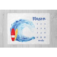 Surfer Meilenstein Decke, Jungen Baby Shower Geschenk, Monatliche Personalisierte Babydecke Strand, Ozean von LittleDarlingsUS