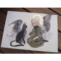 A5 Kunstdruck Mit Golffolie "Katze Und Engel" von LittleFoxPost