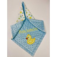 Duck Baby Lovey, Rubber Duckies Print Flanell-Minky Lovey W/Name, Benutzerdefinierte Ducky Decke Für Jungen Oder Mädchen von LittleLambsThreeCo