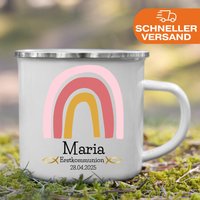 Erstkommunion Geschenk Mädchen Personalisierte Tasse Emaille Keramik Mit Namen Und Datum Konfirmationsgeschenke Kommunion Taufe Regenbogen von LittleMathildaDE