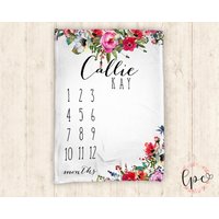 Monatliche Meilenstein-Decke - Personalisierte Baby-Decke Blumenstrauß-Baby-Decke Aquarell-Blumen-Baby-Decke von LittlePeonyCo