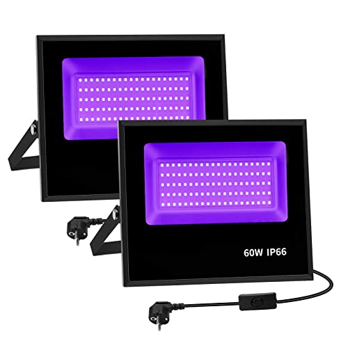 Littleboyny 2 Stück 60W UV Schwarzlicht LED Strahler, IP66 Wasserdicht Schwarzlichtlampe mit 100PCS LEDs,Aluminiumlegierung Discolicht,Blacklight für Halloween Deko,Konzert Party,Bar,Neon Farben (60W) von Littleboyny