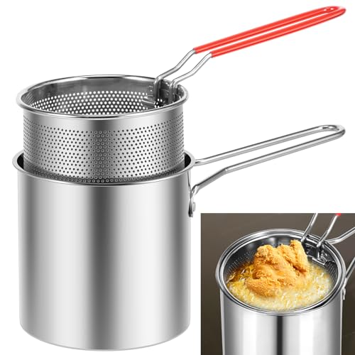 Fritteuse mit Korb, 304 Edelstahl, Fritteusentopf mit Siebkorb, 1200 ml, Mini-Ölfritteuse mit Griff, multifunktionale Küchenhelfer, kleine Fritteusenpfanne für Tempura-Chips, Fisch, Huhn (A) von Littleduckling