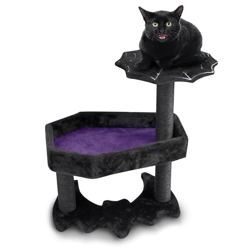 Littlesy Gothic Katzenbaum Lila mit Sarg Katzenbett & Gruseliges Katzenspielzeug - Gruseliger Katzenbaum für Halloween Katze (klein) - Schwarz und Lila von Littlesy